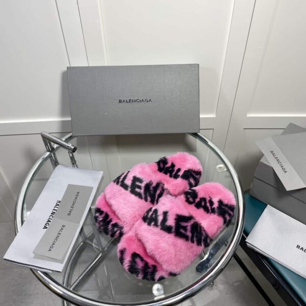 Balenciaga Furry Slide Sandal Allover Logo Pink For Women