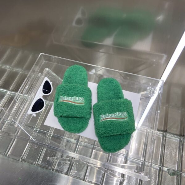 Balenciaga Furry Slide Sandal Green For Women