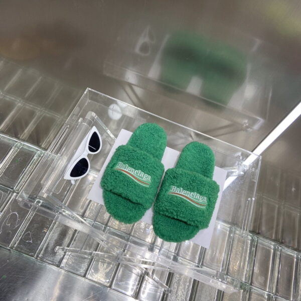 Balenciaga Furry Slide Sandal Green For Women