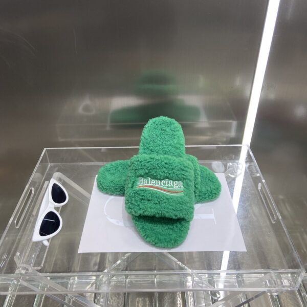 Balenciaga Furry Slide Sandal Green For Women