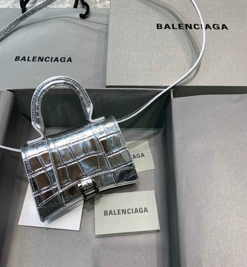Balenciaga Hourglass Mini Handbag In Sliver, For Women, Women's Bags 4.7in/12cm 6373721S4CY8110