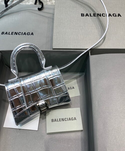 Balenciaga Hourglass Mini Handbag In Sliver, For Women, Women's Bags 4.7in/12cm 6373721S4CY8110