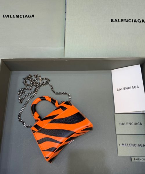 Balenciaga Hourglass Mini Handbag With Chain In Black And Orange, For Women, Women's Bags 4.7in/12cm