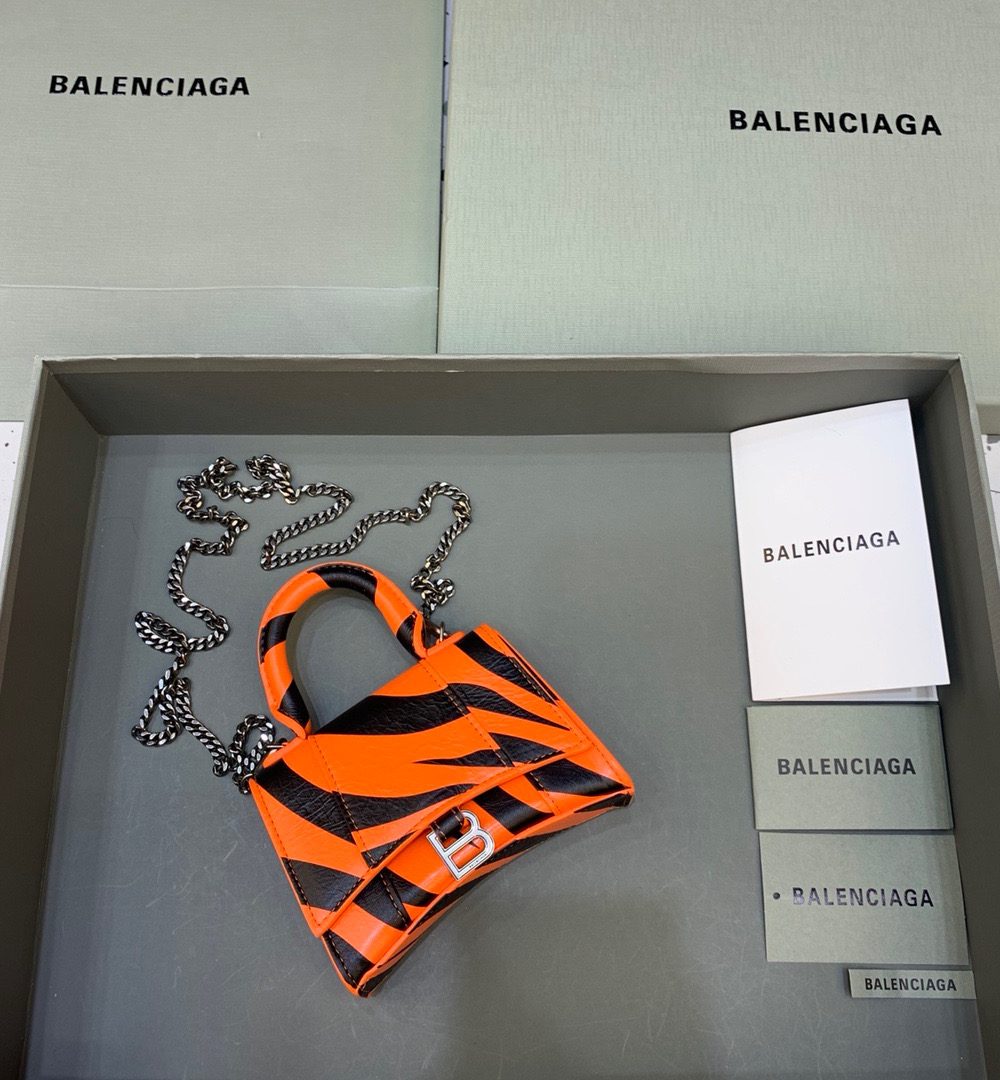 Balenciaga Hourglass Mini Handbag With Chain In Black And Orange, For Women, Women's Bags 4.7in/12cm
