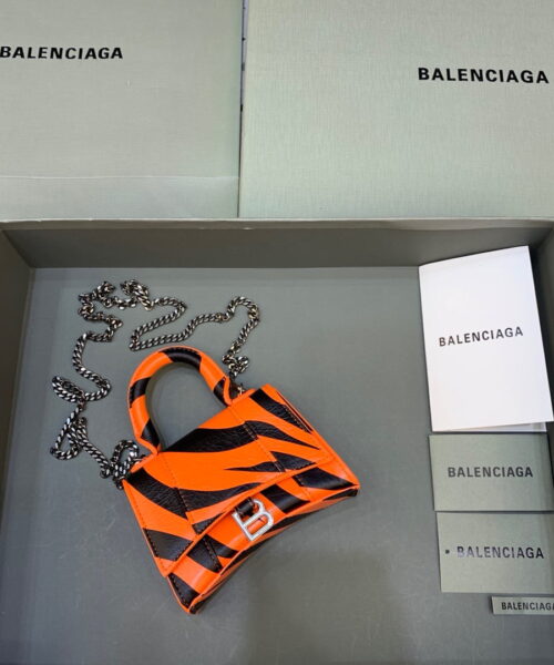 Balenciaga Hourglass Mini Handbag With Chain In Black And Orange, For Women, Women's Bags 4.7in/12cm