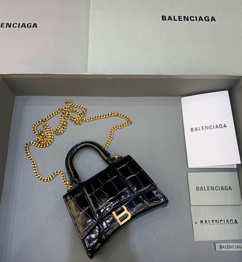 Balenciaga Hourglass Mini Handbag With Chain In Black, For Women, Women's Bags 4.7in/12cm