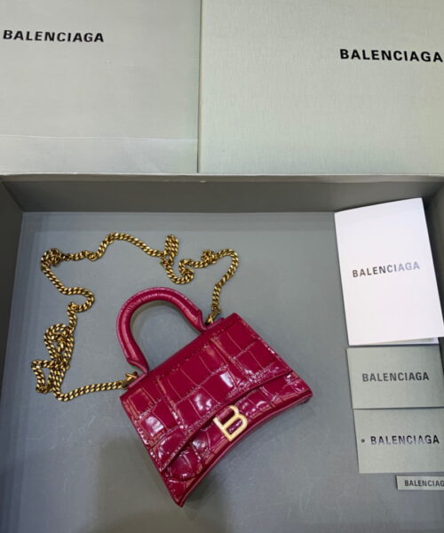 Balenciaga Hourglass Mini Handbag With Chain In Dark Red, For Women, Women's Bags 4.7in/12cm