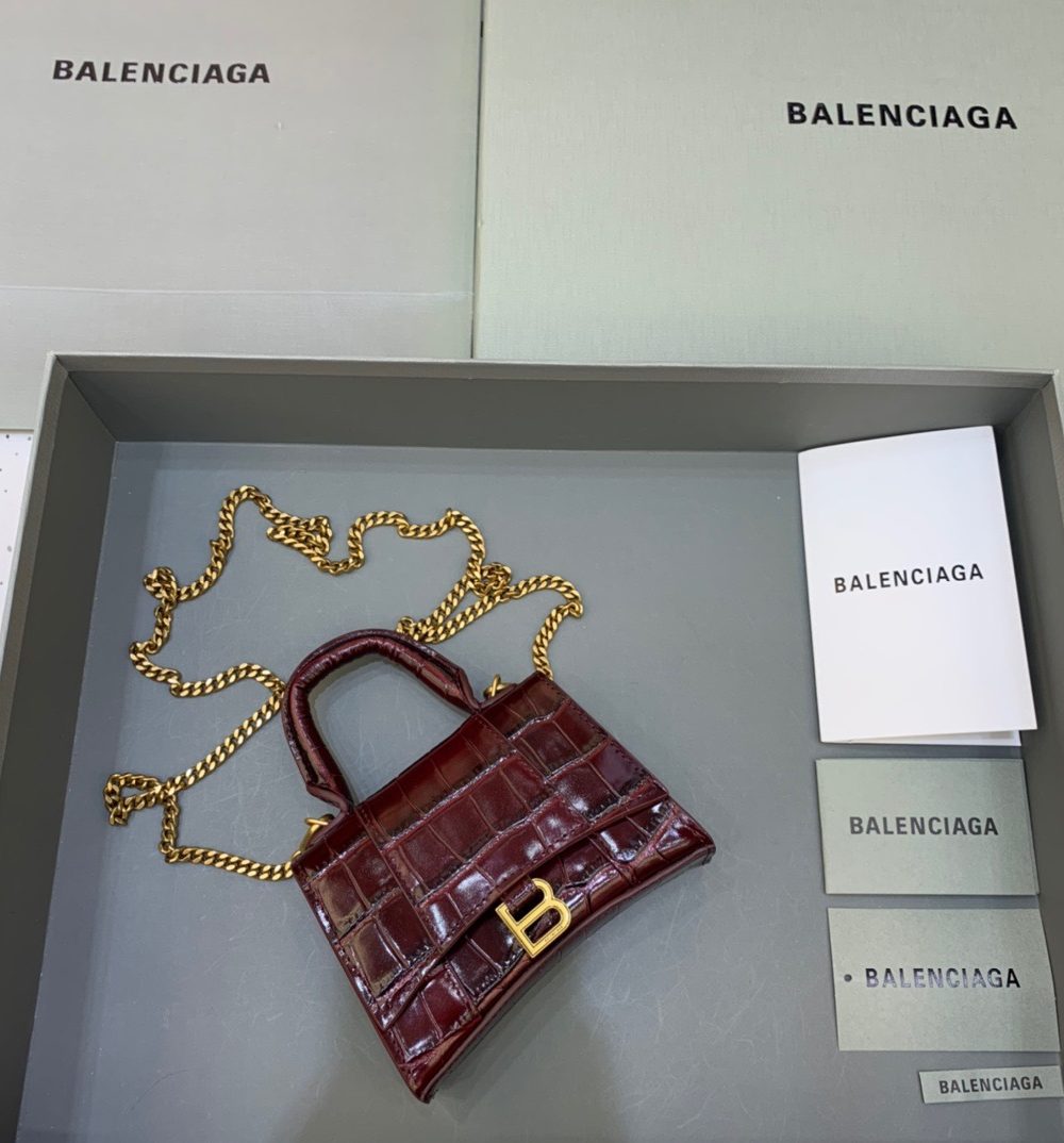 Balenciaga Hourglass Mini Handbag With Chain In Dark Red, For Women, Women's Bags 4.7in/12cm