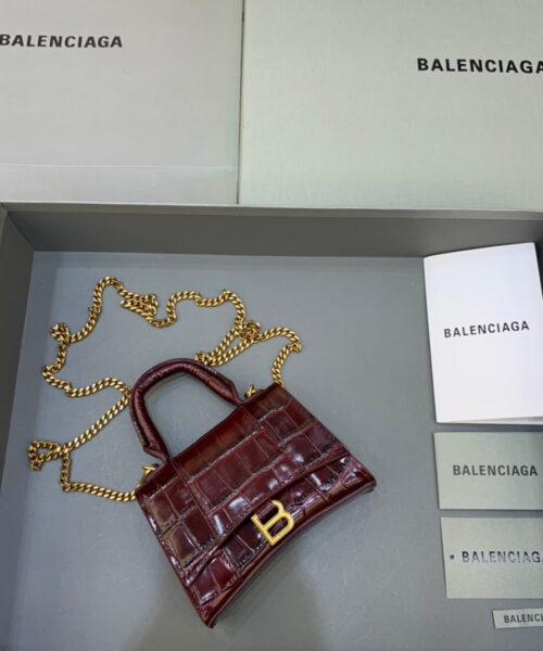 Balenciaga Hourglass Mini Handbag With Chain In Dark Red, For Women, Women's Bags 4.7in/12cm