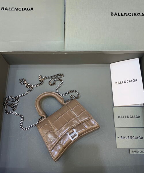 Balenciaga Hourglass Mini Handbag With Chain In Earth Brown, For Women, Women's Bags 4.7in/12cm