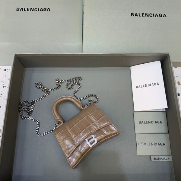 Balenciaga Hourglass Mini Handbag With Chain In Earth Brown, For Women, Women's Bags 4.7in/12cm