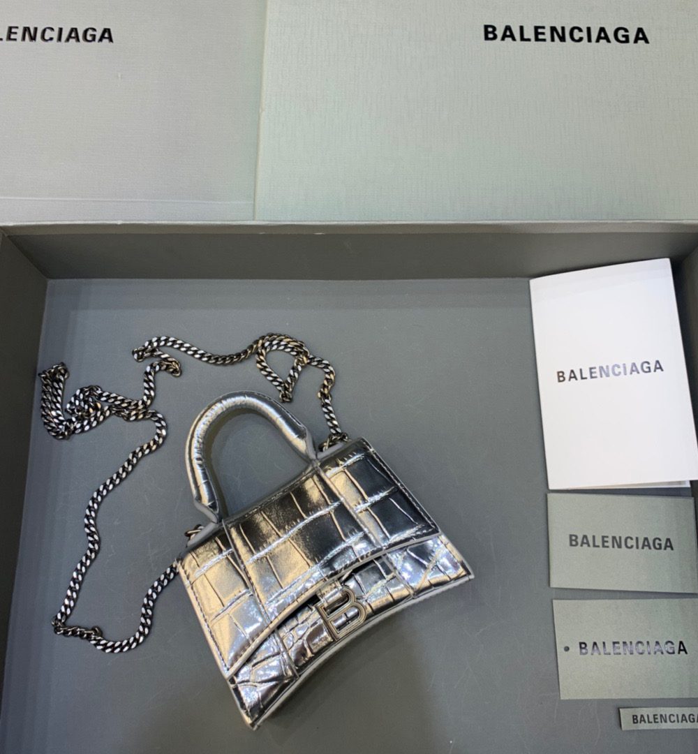 Balenciaga Hourglass Mini Handbag With Chain In Sliver, For Women, Women's Bags 4.7in/12cm