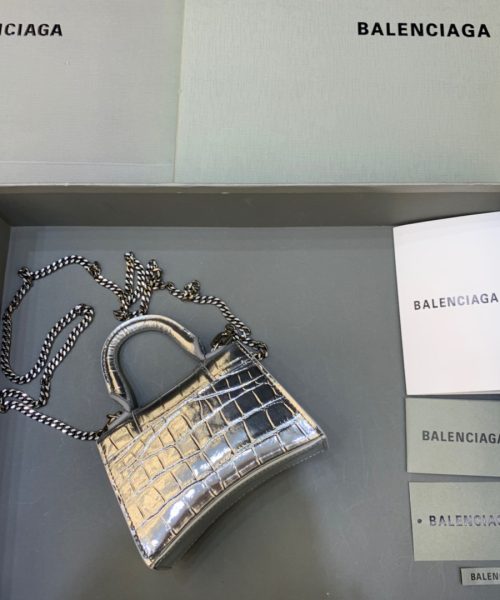 Balenciaga Hourglass Mini Handbag With Chain In Sliver, For Women, Women's Bags 4.7in/12cm