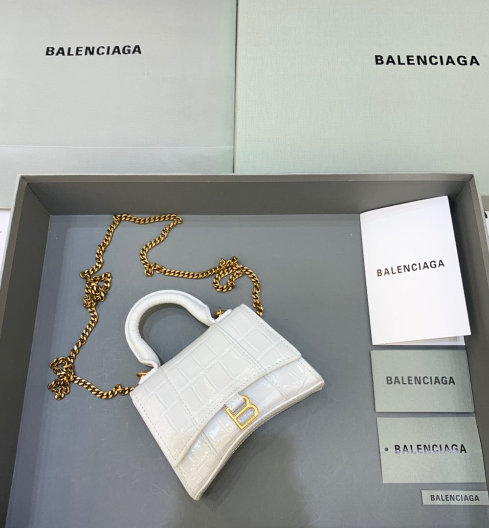Balenciaga Hourglass Mini Handbag With Chain In White, For Women, Women's Bags 4.7in/12cm