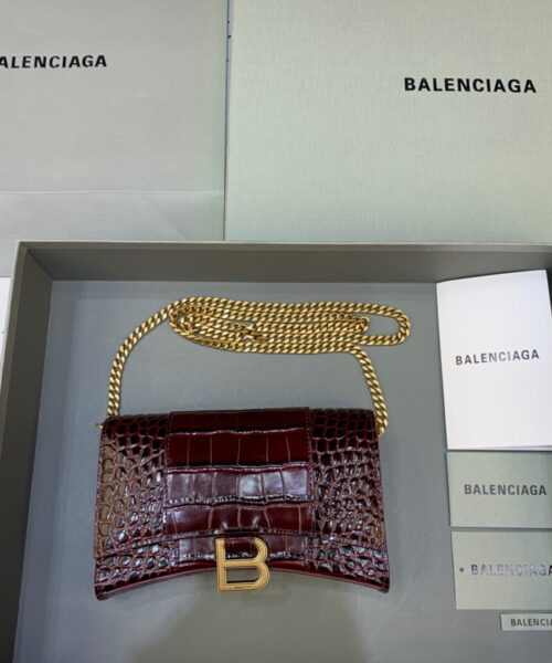 Balenciaga Hourglass Wallet On Chain in Dark Red, For Women, Women's Bags 7.6in/19cm