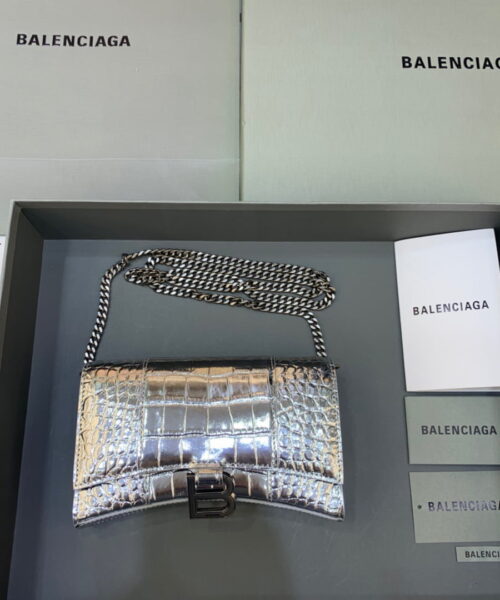 Balenciaga Hourglass Wallet On Chain in Sliver, For Women, Women's Bags 7.6in/19cm 6560501S4CY8110