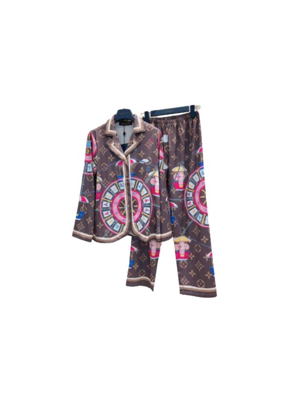 Big Circle Pattern Pants And Shirt Pyjama Brown For Women