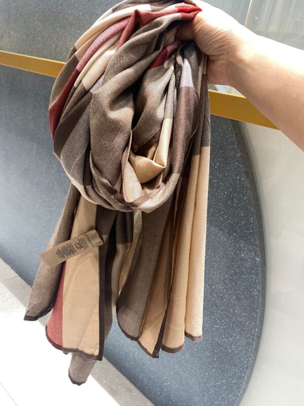 Burberry Lightweight Check Wool Silk Scarf Brown/Red/Grey 79in/200cm