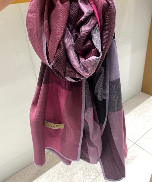 Burberry Lightweight Check Wool Silk Scarf Purple/Pink/Grey 79in/200cm 