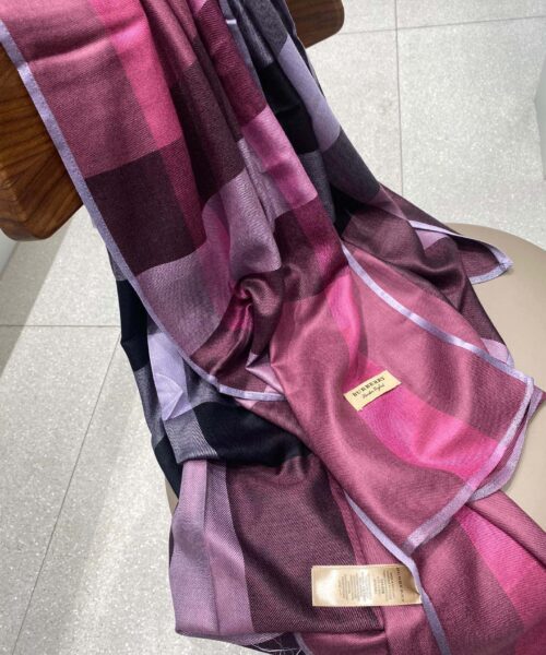 Burberry Lightweight Check Wool Silk Scarf Purple/Pink/Grey 79in/200cm 