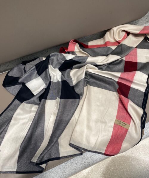 Burberry Lightweight Check Wool Silk Scarf White/Red/Grey 79in/200cm