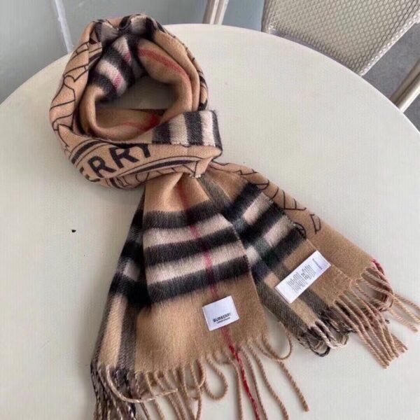 Burberry Reversible Check and Monogram Cashmere Scarf Brown 65in/165cm