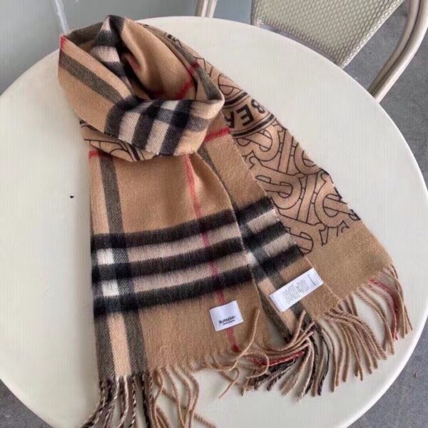 Burberry Reversible Check and Monogram Cashmere Scarf Brown 65in/165cm