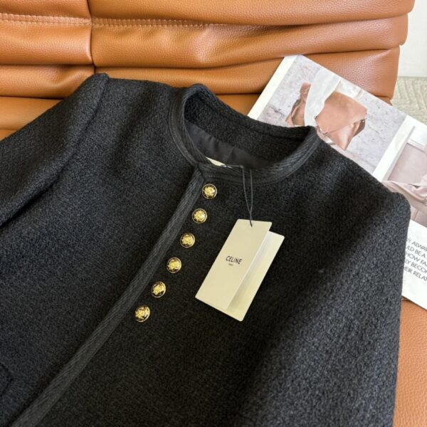 Celine Breasted Round Neck Tweed Jacket Black For Women