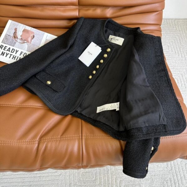Celine Breasted Round Neck Tweed Jacket Black For Women