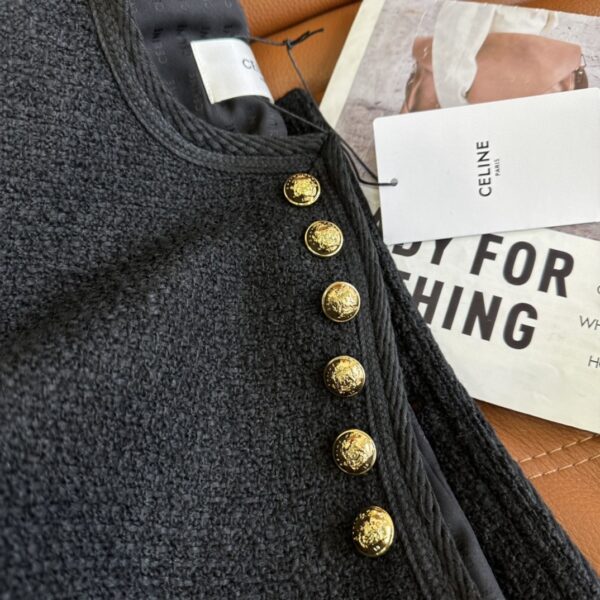 Celine Breasted Round Neck Tweed Jacket Black For Women