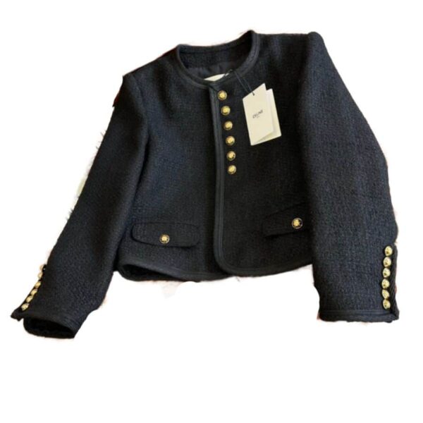 Celine Breasted Round Neck Tweed Jacket Black For Women