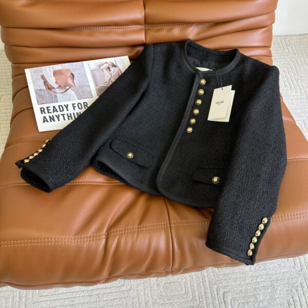 Celine Breasted Round Neck Tweed Jacket Black For Women