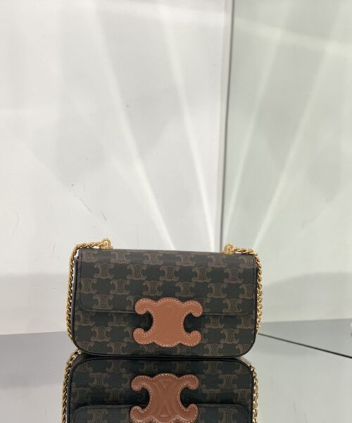 1:1 Replica Celine Chain Shoulder Bag Cuir Triomphe In Triomphe Canvas Tan For Women 7.9in/20cm