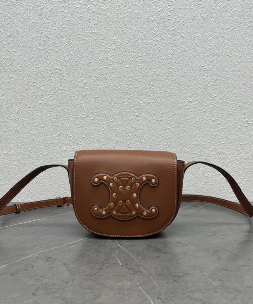 1:1 Replica Celine Folco Cuir Triomphe With Studs Brown For Women 7in/19cm 198263DU9.04LU