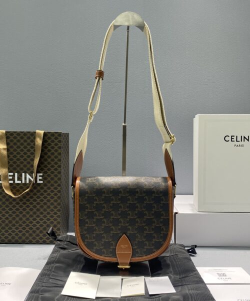 1:1 Replica Celine Large Strap Folco Bag In Triomphe Canvas Brown For Women 9in/22cm 196932BZJ.04LU