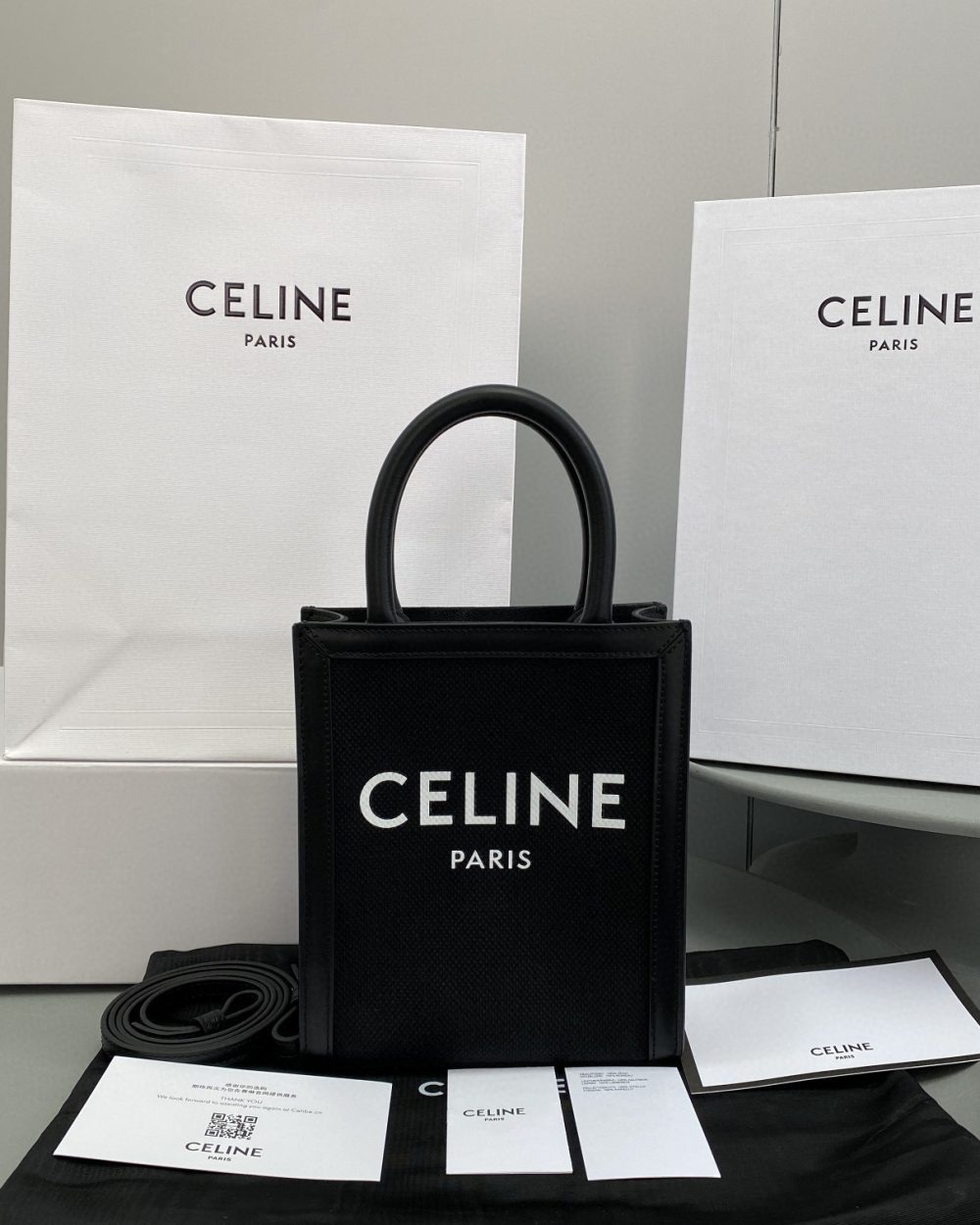 1:1 Replica Celine Mini Vertical Cabas Celine In Textile With Celine Print Black For Women 8in/20cm
