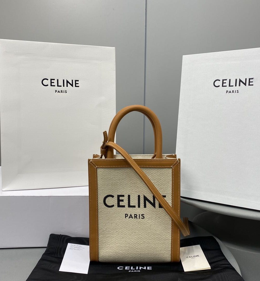 1:1 Replica Celine Mini Vertical Cabas Celine In Textile With Celine Print White/Brown For Women 8in/20cm 193302BNZ.02NT