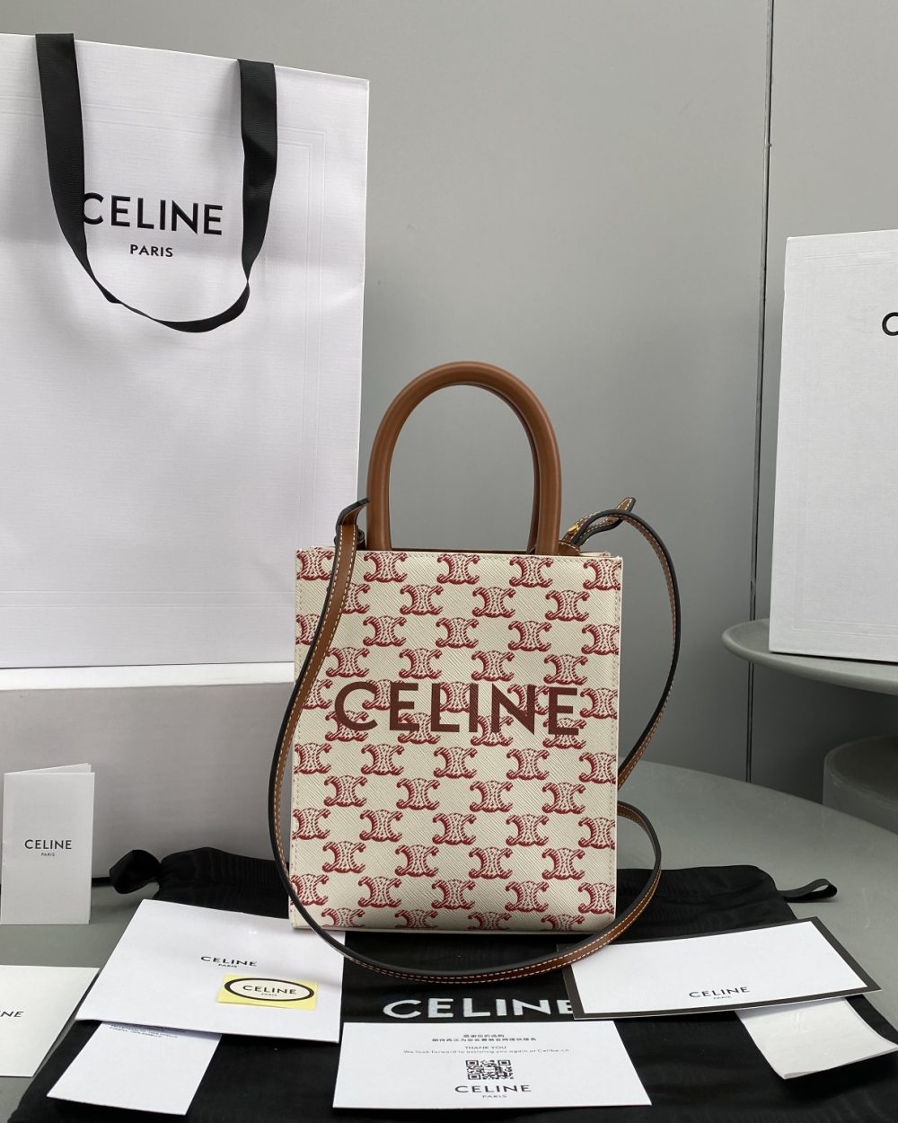 1:1 Replica Celine Mini Vertical Cabas In Triomphe Canvas Red For Women 7.2in/18cm