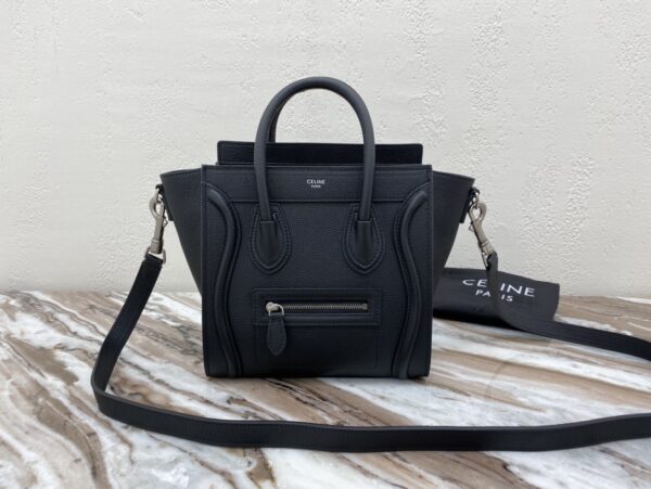 1:1 Replica Celine Nano Luggage Bag In Drummed Black For Women 8in/20cm 189243DRU.38NO