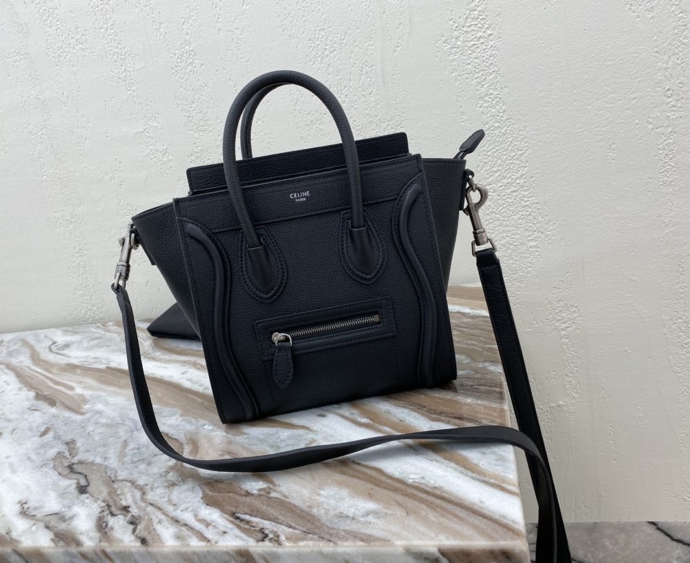 1:1 Replica Celine Nano Luggage Bag In Drummed Black For Women 8in/20cm 189243DRU.38NO