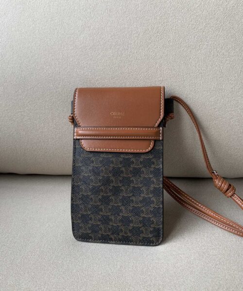 1:1 Replica Celine Phone Pouch With Flap In Triomphe Canvas And Lambskin Tan For Women 7in/18cm 10G332CQD.04LU