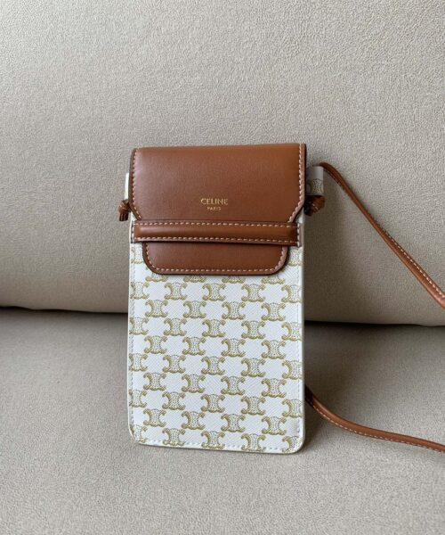 1:1 Replica Celine Phone Pouch With Flap In Triomphe Canvas And Lambskin White/Tan For Women 7in/18cm 10G332CQD.01TA