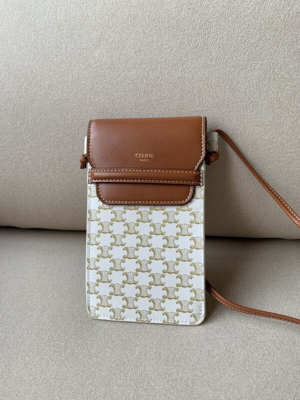 1:1 Replica Celine Phone Pouch With Flap In Triomphe Canvas And Lambskin White/Tan For Women 7in/18cm 10G332CQD.01TA