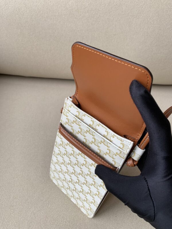 1:1 Replica Celine Phone Pouch With Flap In Triomphe Canvas And Lambskin White/Tan For Women 7in/18cm 10G332CQD.01TA
