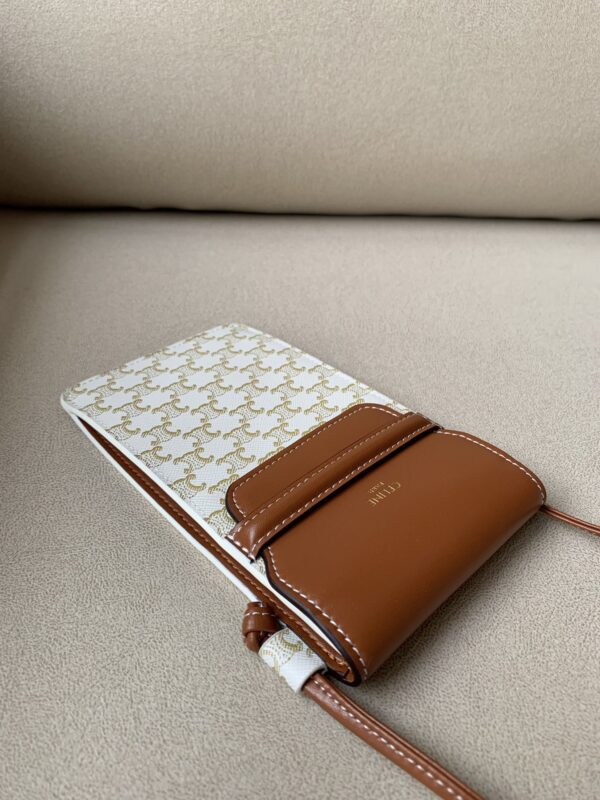 1:1 Replica Celine Phone Pouch With Flap In Triomphe Canvas And Lambskin White/Tan For Women 7in/18cm 10G332CQD.01TA