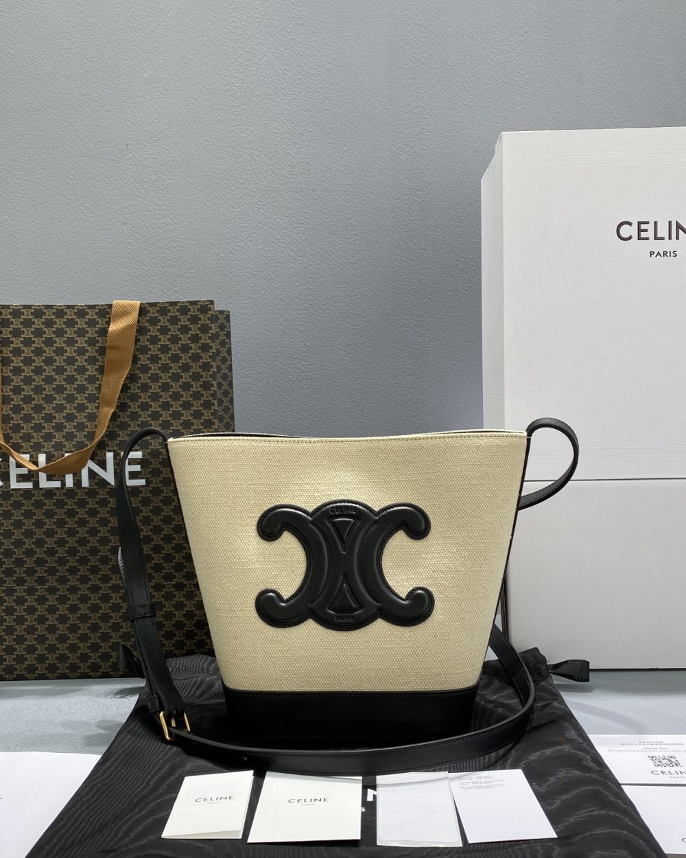 1:1 Replica Celine Small Bucket Cuir Triomphe In Textile Beige/Black For Women 9in/22cm