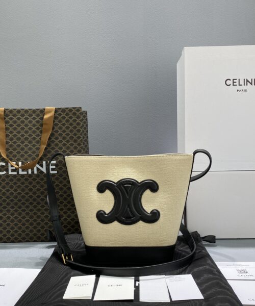 1:1 Replica Celine Small Bucket Cuir Triomphe In Textile Beige/Black For Women 9in/22cm