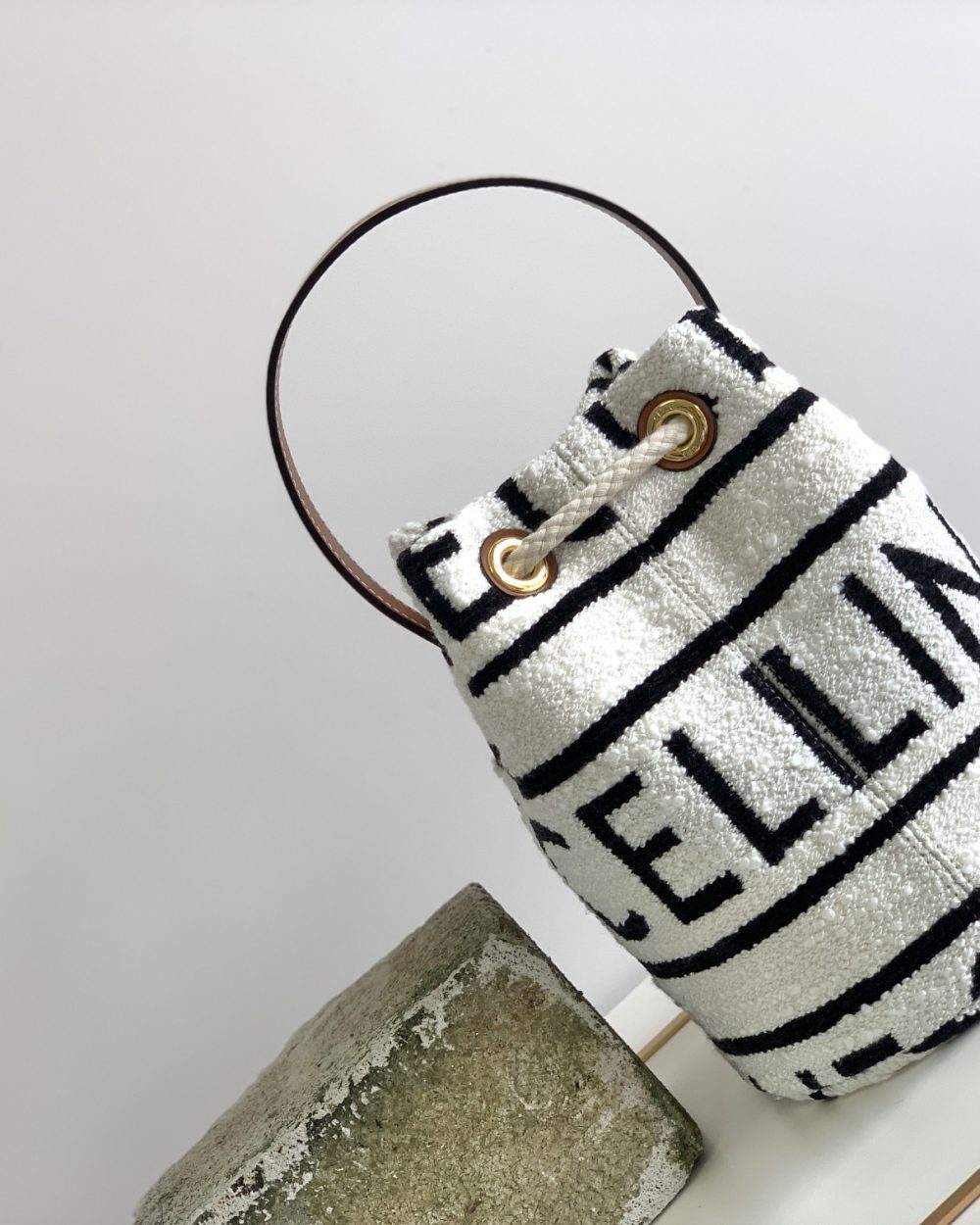 1:1 Replica Celine Teen Drawstring In Textile With Celine All-Over White/Black For Women 7in/19cm