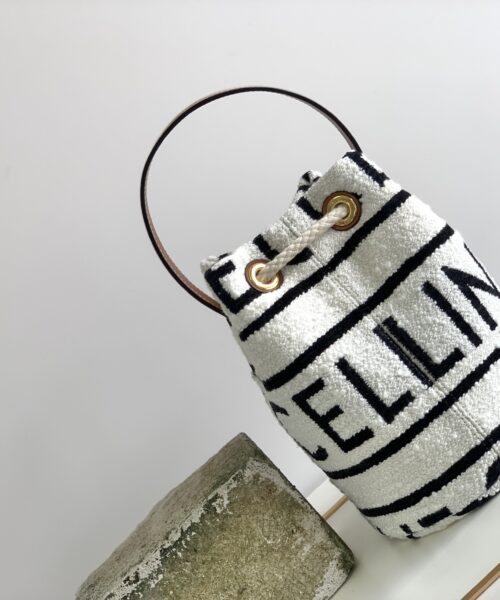 1:1 Replica Celine Teen Drawstring In Textile With Celine All-Over White/Black For Women 7in/19cm