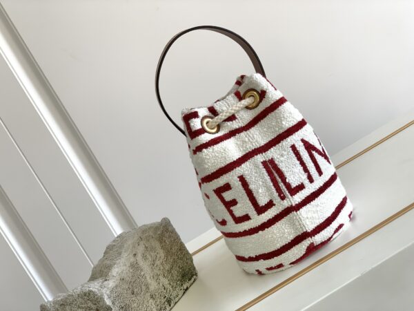 1:1 Replica Celine Teen Drawstring In Textile With Celine All-Over White/Red For Women 7in/19cm